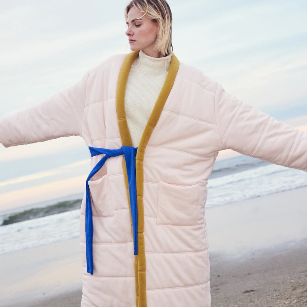 Cozy Pink Quilted Homecoat Robe with Blue Accent